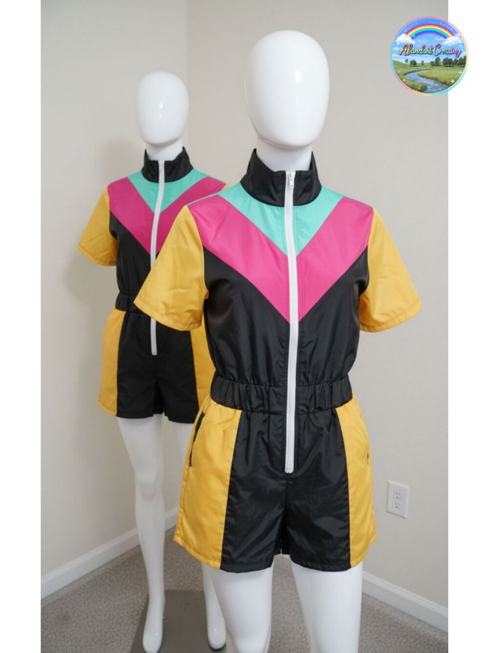 Color Block One Piece Windbreaker Romper Short Sleeve Zip Front